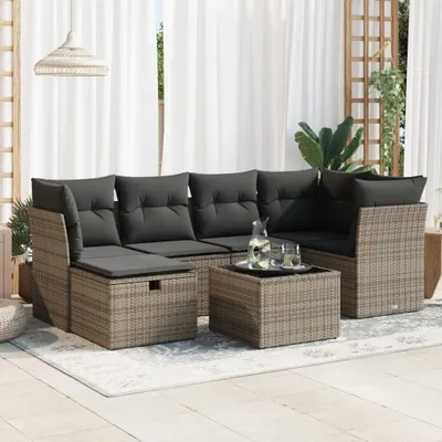 Produktbild von Eleganten-Stil 7-tlg. Garten-Lounge-Set mit Kissen Garten-Sofagarnitur, Outdoor Indoor, Grau Poly Rattan Gartenmöbel-Sets CHY97364293