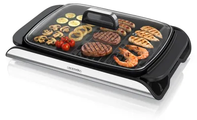Image de Grill de table Arendo, grill électrique, grill de balcon, couvercle en verre, acier inoxydable, revêtement antiadhésif, 2000 W, réglage continu de la température, pour le balcon, le jardin et l'intérieur