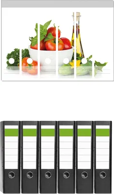 Produktbild von Wallario 6 Stück breite Ordner inkl. Klebeetiketten mit Motive Frische Salatzutaten mit Kräuter-Öl - Tomaten, Gurke, Petersilie -  Set mit Rückenschildern / Ordnerrücken Stickern