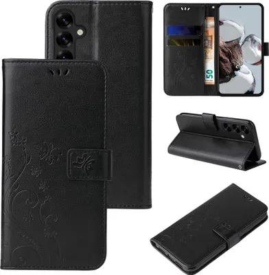 A collage of images showing a black flip phone case with a floral and butterfly design, demonstrating its different angles and features.