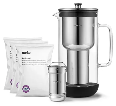 Produktbild von Aarke Purifier, Wasserfilterkanne aus Glas und Edelstahl (2,4 L / 10 Tassen) + 3