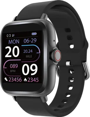 A close-up studio shot of a black smartwatch with a black strap, displayed against a white background.