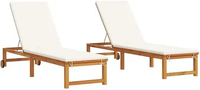 Image de Ensemble de deux transats, couleur marron, dimensions 202 x 53 x 89 cm. Transats de jardin en bois d'acacia massif, finition huilée. Transats relax réglables pour jardin, terrasse et balcon. Lot de deux transats en bois