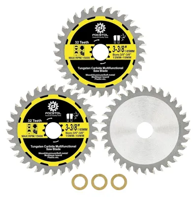 Image de Scie circulaire pour bois, 85 mm x 15/10 mm, lot de 3, 32 dents, pour plastique, aluminium et métaux non ferreux