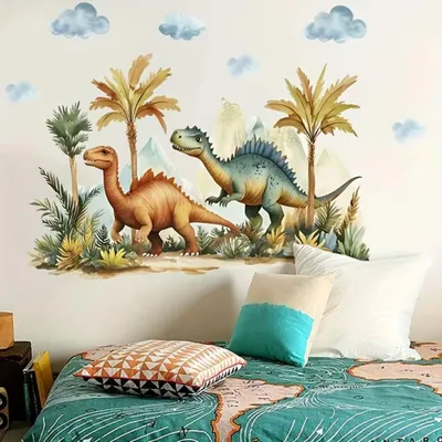 Produktbild von Jurassic Dinosaur Forest Wandsticker 84x54cm, realistisches Dino Dschungel Wandbild mit Bäumen, Wolken und Dinosauriern