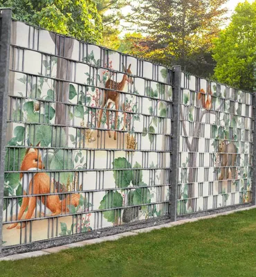 Produktbild von Sichtschutzstreifen Waldtier Zeichnung Sichtschutz Garten Zaun - Teil1 + Teil2 - 9 Streifen - 500x180cm