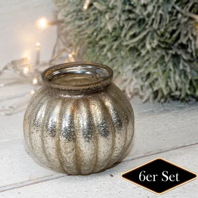 Produktbild von Teelichthalterset, Struktur, 6er Set | Glas, Silber-gold | H9,5xB10,5 cm