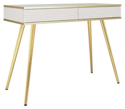Produktbild von Schlafzimmer Schminktisch mit 102 cm Breite in Weiß, Rillenfront & goldfarbenen Füßen - OLOVO-160