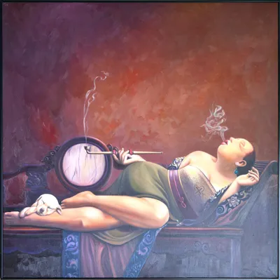 Produktbild von Fine Asianliving Ölgemälde 100% Handgemalt Rahmen Schwarz 100x100cm Chinesische Frau mit Zigarre Grün