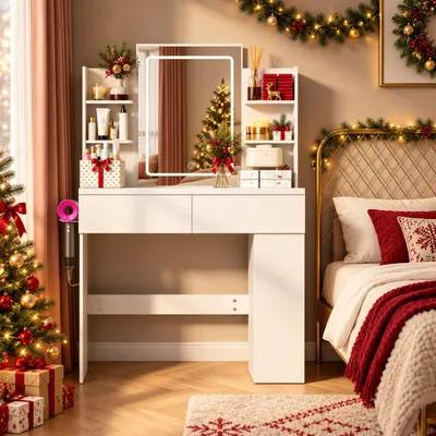 Productafbeelding van Make-up tafel met LED-verlichting, spiegel en stopcontact, dimbare verlichting in 3 kleurmodi, make-up tafel met USB-poort, 2 lades, 4 opbergvakken, wit, 90x40x135 cm