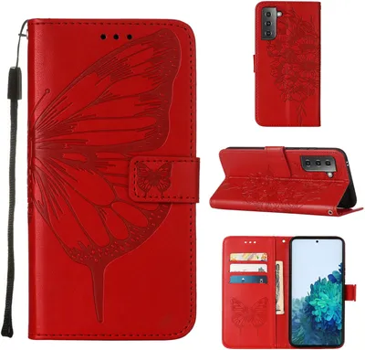 Produktbild von Galaxy S21+ Hülle, Schmetterling Prägung Flip Leder Kartenfächer Schutzhülle Ledertasche mit Ständer für Samsung Galaxy S21+ / S21 Plus 5G Rot