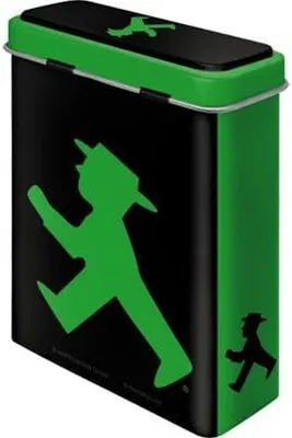 A black and green tin with a green Ampelmann figure on the front and top.