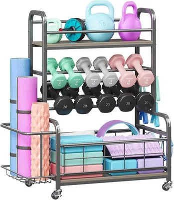 Produktbild von Hantelständer, Gewichtsständer für das Heimstudio, Aufbewahrung für Heimstudio für Hanteln, Kettlebells, Yogamatte, Gewichtsaufbewahrungsständer für Hanteln mit Rädern & Haken (Grau)