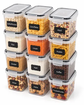 Produktbild von Relaxdays Vorratsdosen, 12er Set, 0,8 l, luftdichter Deckel, Klickverschluss, Etiketten, Frischhaltedosen, transparent, KI-generiertes Bild