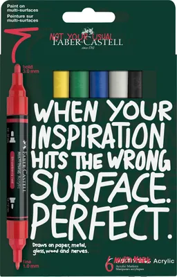 Image de Faber-Castell 186003 - Coffret de marqueurs acryliques Multimark, 6 marqueurs acryliques à double pointe dans des couleurs de base, résistants à l'eau et à séchage rapide