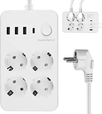Image de Multiprise à quatre prises avec fiches plates et ports USB et USB-C, pour le bureau et la maison.