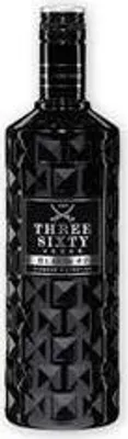 A black bottle of Three Sixty Vodka with a textured geometric pattern and a label.
