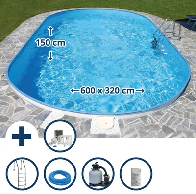 Produktbild von Stahlwandpool Set oval Fidschi 600x320x150 cm, Stahl 0,8 mm weiß, Folie 0,6 mm blau, Einhängebiese