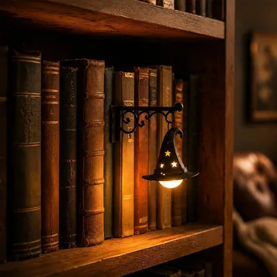 Produktbild von Halloween Bücherregal-Lampe, Metall Deko-Licht für Bücherregal, Bibliothek & Arbeitszimmer, stimmungsvolle Beleuchtung, Hexenhut