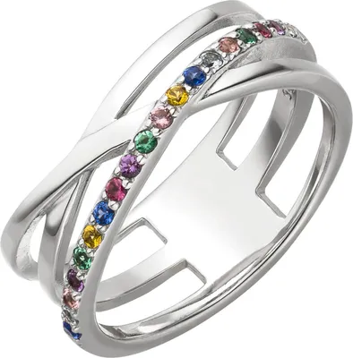 Produktbild von Ring aus 925 Silber mit bunten Zirkonia Silberring gekreuzt multicolor Innenumfang 60mm  Ø19.1mm
