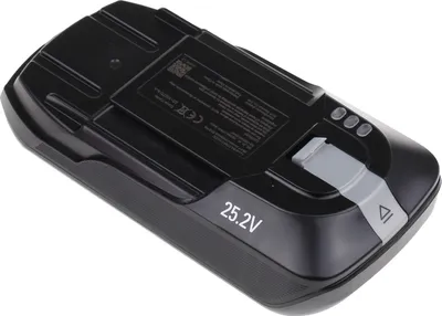 A black battery pack for a vacuum cleaner is shown against a white background.