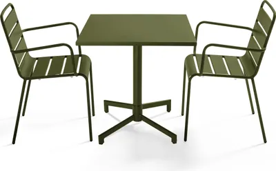 Produktbild von Set aus 70 cm Tisch und 2 kakigrünen Gartensesseln aus Metall - Oviala Palavas