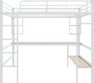 Produktbild von Hochbett mit Rausfallschutz, Lattenrost, Regal und Schreibtisch, 140x200 cm, Metallbett, Jugendbett