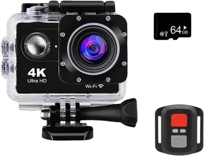 Zdjęcie produktu dla Wodoodporna kamera sportowa 4K z obiektywem szerokokątnym 170°, pilotem i 5-krotnym zoomem, pamięć 64 GB.