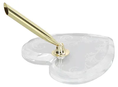 Produktbild von Stifthalter mit Einsteckfunktion, schlicht, goldfarben, herzförmiger Sockel, transparenter Acryl-Stifthalter mit Trichter, für Unternehmen, Hotels und Büros
