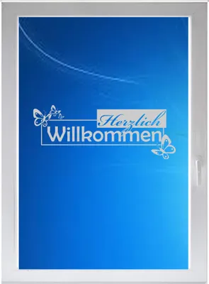 Produktbild von INDIGOS UG - Herzlich Willkommen - Farbe: silberfein satiniert - 96x36 cm - Sichtschutzfolie - Fensterfolie - Glasdekorfolie - für die Küche, Herzlich Willkommen ans Fenster