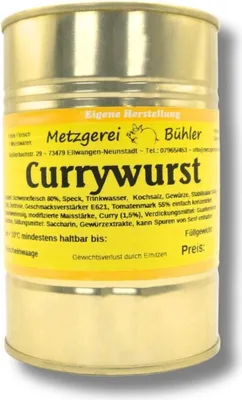 Produktbild von Currywurst in der Dose Konserve Curry Gourmet Fertiggericht mit Currywurst Soße Sauce 400g