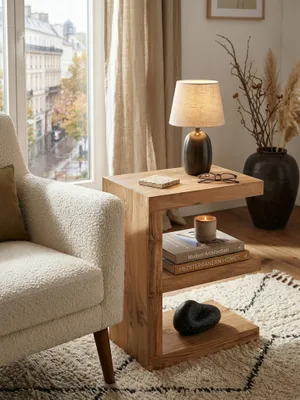 Produktbild von Beistelltisch MUMBAI Massivholz Akazie E Cube 60 cm hoch Wohnzimmer-Tisch Design braun Landhaus-Stil Couchtisch