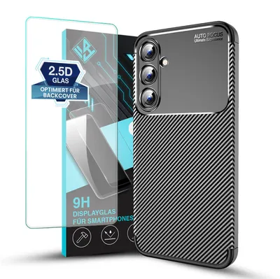 Produktbild von Handy Hülle für Samsung Galaxy A35 5G mit 9H Displayglas Displayschutz Carbon Look Cover Case Schutzhülle Farbe: Schwarz