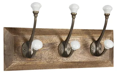 Obrázek produktu pro Clayre & Eef Nástěnný věšák 3 háčky 30x8x10 cm Hnědé bílé dřevo