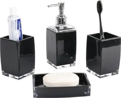 Immagine prodotto di Set di accessori da bagno 4 pezzi, dispenser di sapone, portaspazzolino, ciotola e organizer nero