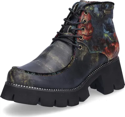 A single black lace-up boot with a floral pattern on a white background.