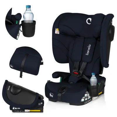 A collage of images showing a navy blue car seat and its accessories, including a bottle holder and a base.