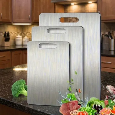 Image de Planche à découper 3 pièces en titane et acier inoxydable Double face Hygiénique Cuisine Camping Antibactérienne