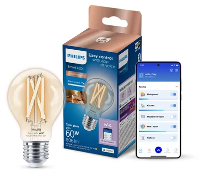 Produktbild von Philips Smarte LED-Filament-Lampe A60, E27-Sockel, 806 lm, Intelligentes Leuchtmittel, Wi-Fi/Bluetooth, Transparent, Wi-Fi 4 (802.11n), 802.11b, 802.11g, LED, E27