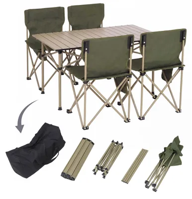 Produktbild von Campingset HWC-Q39, Tisch 4x Stuhl Klappstuhl Anglerstuhl faltbar, Metall Stoff  grün