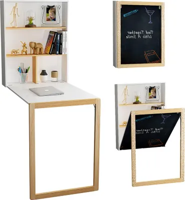 Produktbild von 3 in 1 Faltbare Computer Desk Wall Hanging Book Regal Blackboard für Home Storage weiß