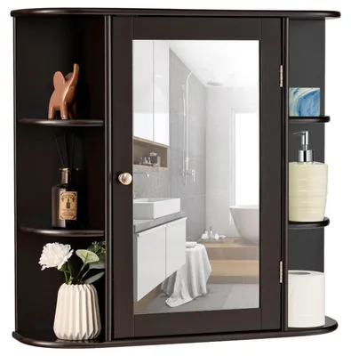 Image de Armoire miroir suspendue avec miroir et étagères, couleur marron, dimensions : 65 x 17 x 63 cm