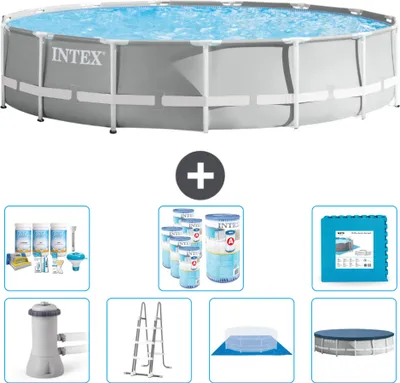 Produktbild von Intex Round Prism Frame Swimming Pool – 457 x 107 cm – Grau – inklusive Pumpe – Leiter – Bodenplane – Abdeckung Wartungspaket - Filter - Bodenfliesen