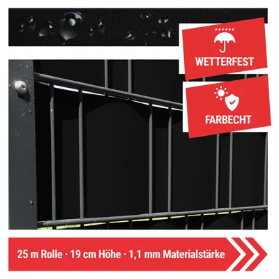Produktbild von Arvotec Sichtschutzstreifen | 25m Rolle, Schwarz | besonders Stark mit 1,1 mm, keine Klemmschienen nötig | UV- und witterungsbeständig