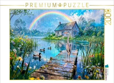 Produktbild von CALVENDO Puzzle Cottage am See mit Regenbogen und Wasservögeln | 2000 Teile Lege-Größe 90 × 67 cm Foto-Puzzle für glückliche Stunden