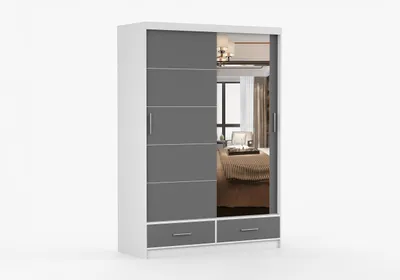 Produktbild von FRENCE Schwebetürenschrank Kleiderschrank 150 cm Weiß/Grau mit Spiegel, Schubladen, Schiebetürenschrank