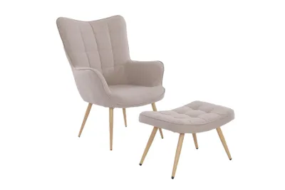 Produktbild von byLIVING Sessel mit Hocker UTA / Polstersessel und Fußhocker in Webstoffbezug Sandfarben / Gestell in Eiche-Optik foliert / Relaxsessel / Polsterhocker / Set