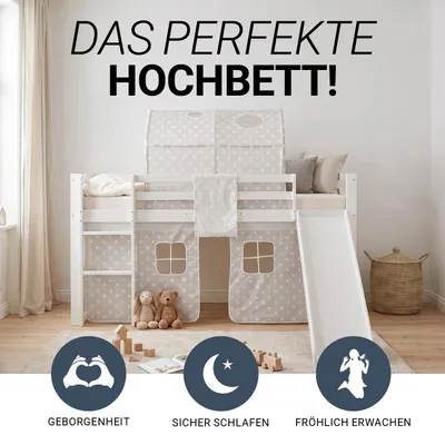 Produktbild von Homestyle4u Hochbett 90x200 Kinder mit Rutsche mit Lattenrost Weiß Spielbett Tunnel mit Rausfallschutz