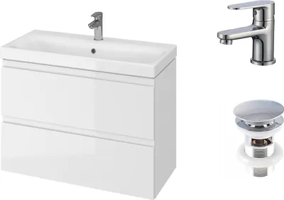 A white bathroom vanity with two drawers, a sink, a faucet, and a pop-up drain are displayed against a white background.