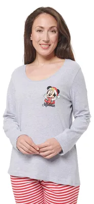 Produktbild von Disney Minnie Mouse XMAS Schlafanzug für Damen - Christmas Winter Pyjama Set Weihnachten Langarm Oberteil mit Hose Grau/Rot M